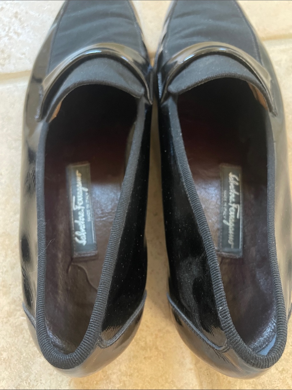 Salvatore Ferragamo Black Patent Leather Loafers with Ribbon Trim
